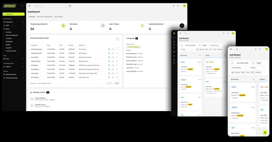 BOOKAR's dashboard and job board on a laptop, tablet and phone